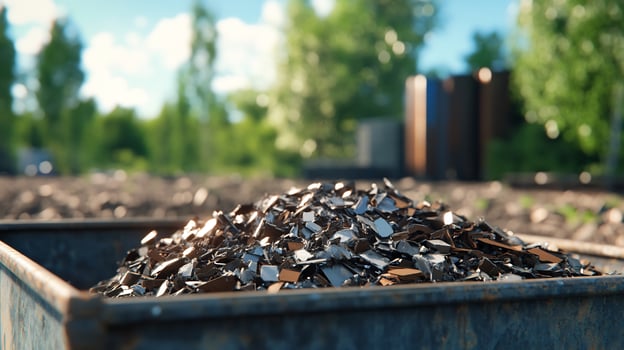 Metal scrap pile outdoors, sunny day. Recycling photo