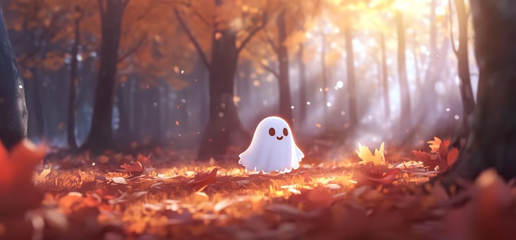 Cute ghost in autumn forest Halloween card photo