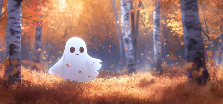 Cute ghost in autumn forest, falling leaves. Halloween card photo