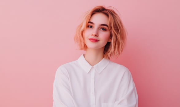 Young woman with short blonde hair smiling against a pink background photo
