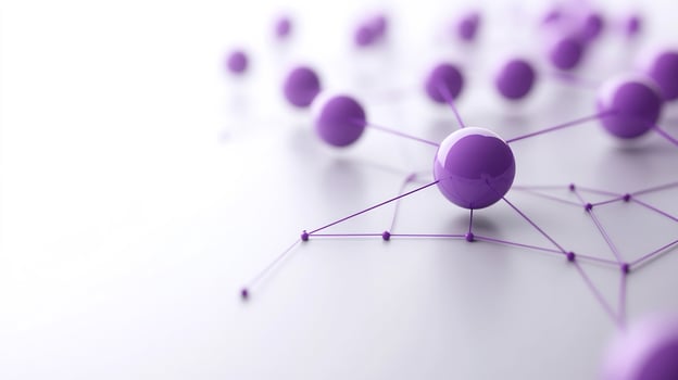 Purple spheres network, connection concept, white background, technology photo