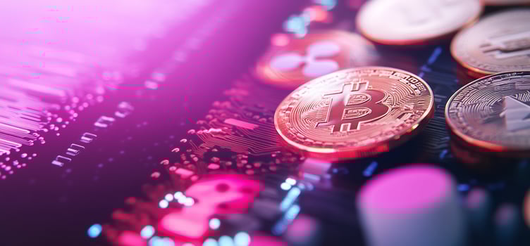 Closeup of cryptocurrency coins on a digital trading chart background photo