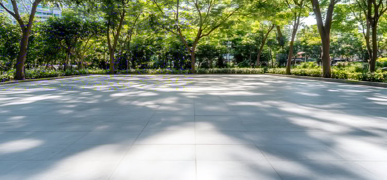 Sunlit park plaza, trees, city backdrop photo