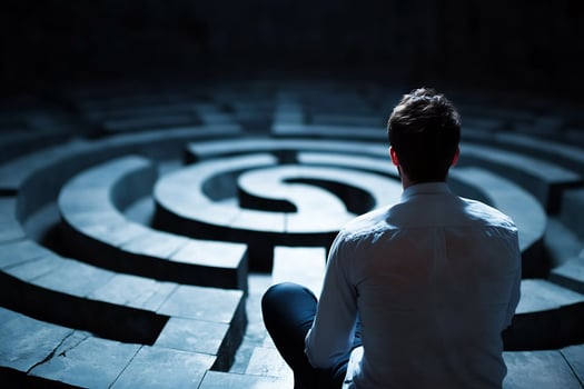 Man contemplating maze solution, dark background, business challenge concept photo