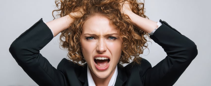 The frustrated businesswoman clutching her curly hair and screaming in a studio portrait photo