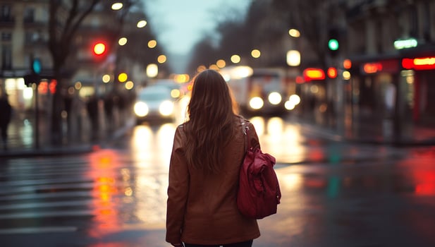 Woman crossing Parisian street at night, city lights blurred background photo