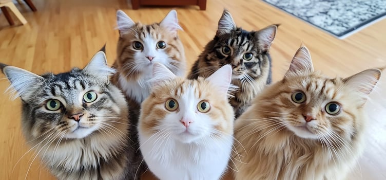 Five fluffy cats looking up, hardwood floor photo