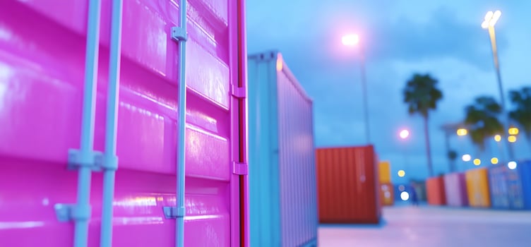 Pink shipping container at dusk, port, lights photo