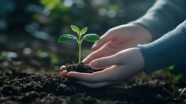 Child planting seedling, garden, spring, growth, environmental photo