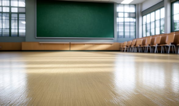 Empty classroom, sunlight, wooden floor, green board, education photo