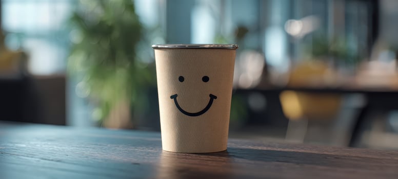 The Paper Coffee Cup With Smiley Face On Wooden Table In Cozy Cafe Interior photo