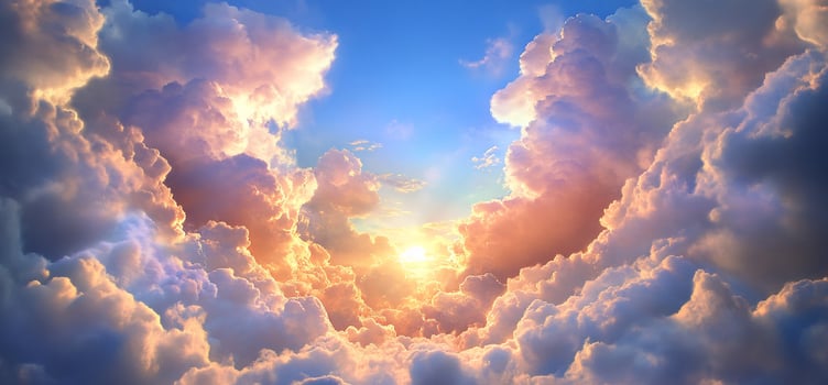 Heavenly sunset cloudscape, aerial view. Background blue sky. Use spiritual, hope photo
