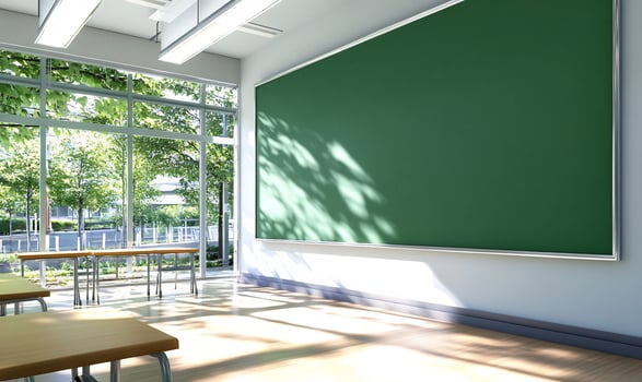 Sunny classroom, empty desks, green board, trees outside education photo