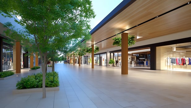 Outdoor mall walkway, shops, trees, sunny day, retail photo
