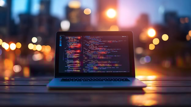 Laptop displaying code at sunset with city skyline in the background photo