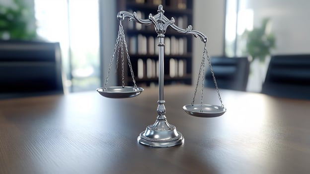 Justice scales on office table, legal background photo