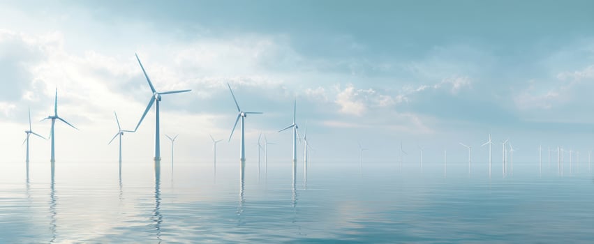The offshore wind farm stretches across a serene sea under soft pastel sky photo