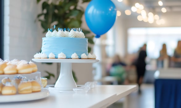 Blue birthday cake, pastries, party photo