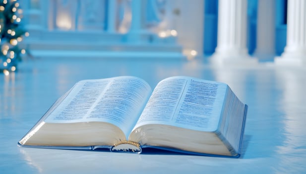 Open bible, temple background, faith, spirituality, calm photo