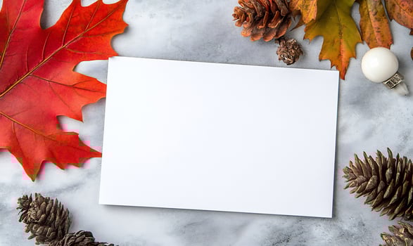 Autumn leaves, pine cones, blank card. Marble background. Holiday greeting photo