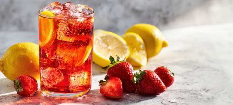 The Glass of Iced Strawberry Lemonade with Fresh Strawberries and Lemons photo