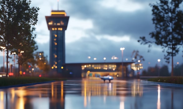 Rainy evening at airport control tower car reflects in wet pavement travel photo