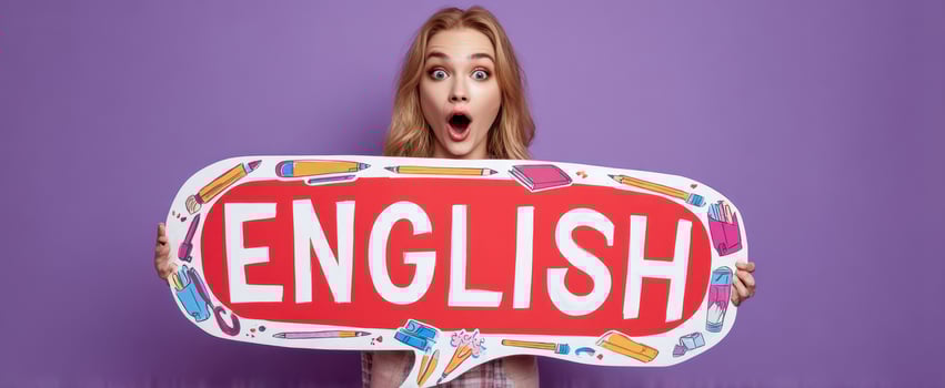 The English sign held by a surprised young woman promoting language learning photo
