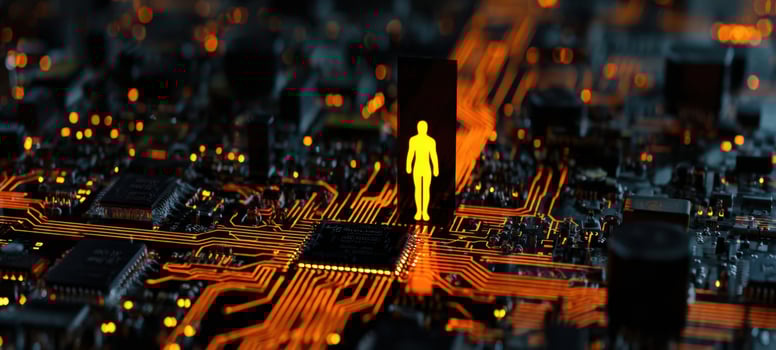 The Human Silhouette Standing on a Glowing Circuit Board with Futuristic Technology photo