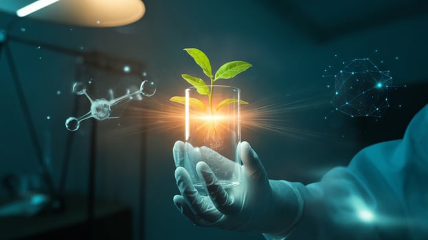 A scientist in a lab coat holds a glass containing a small plant, symbolizing innovation in biotechnology. photo