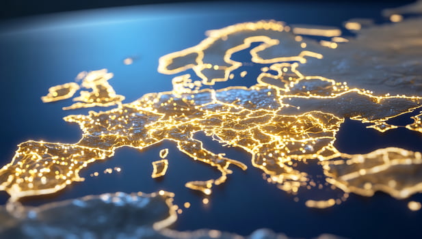 Illuminated map of Europe at night showcasing city lights and geography photo