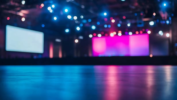 Vibrant stage setup with colorful lights for an event in a large venue photo