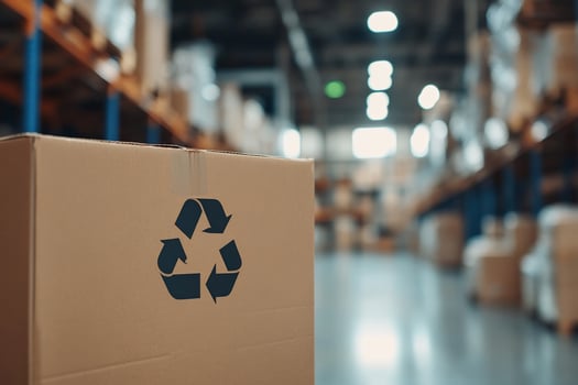 Cardboard box, recycling symbol, warehouse, logistics photo