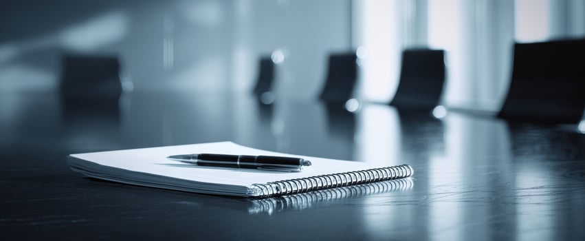 The Notebook and Pen on a Conference Table in a Modern Boardroom photo