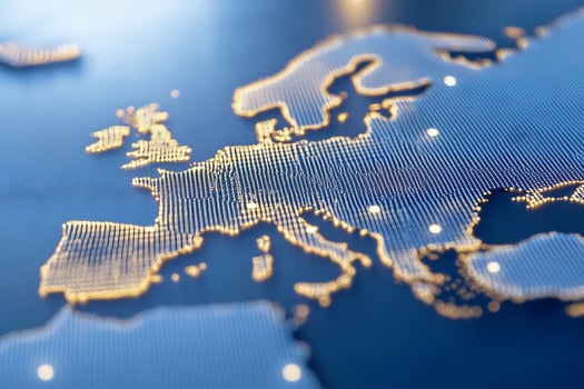 Europe map, global network, connections, data flow, dark background, business photo