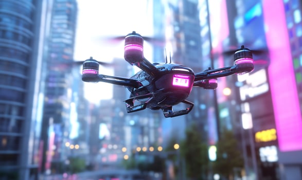 Drone flying futuristic city neon lights urban tech photo