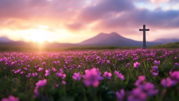 Sunset Over Flower Field with Mountain and Cross in Background photo