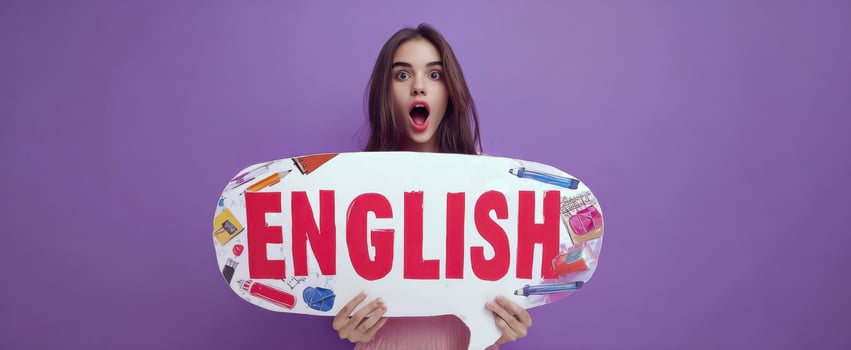 The English sign held by a surprised young woman on purple background photo