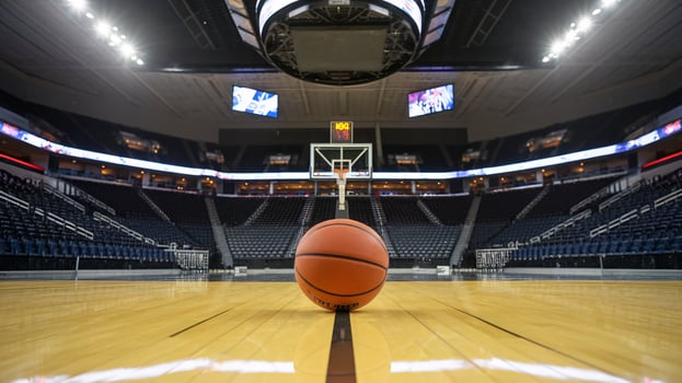 A basketball on the court, view from the ground, with stadium seating and lights in the background. photo