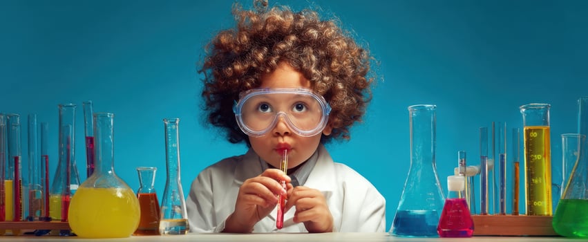 The curious child scientist experimenting with colorful test tubes and beakers in lab photo