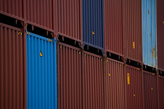 Container logistic. Cargo and shipping business. Container ship for import and export logistic. Container freight station. Logistic industry from port to port. Container for truck transport. photo