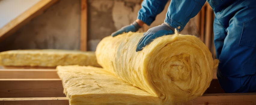 The insulation roll being installed in attic by construction worker wearing gloves photo