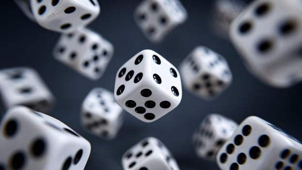 Floating white dice with black dots create a dynamic and playful scene, capturing the spirit of chance. photo