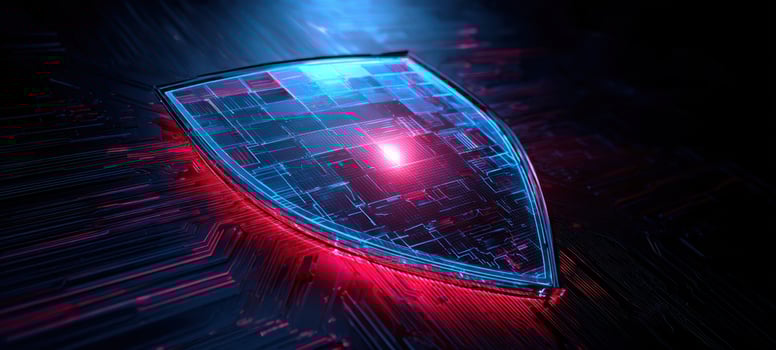 The Shield of Digital Cybersecurity Illuminated on a Futuristic Neon Circuit Board photo