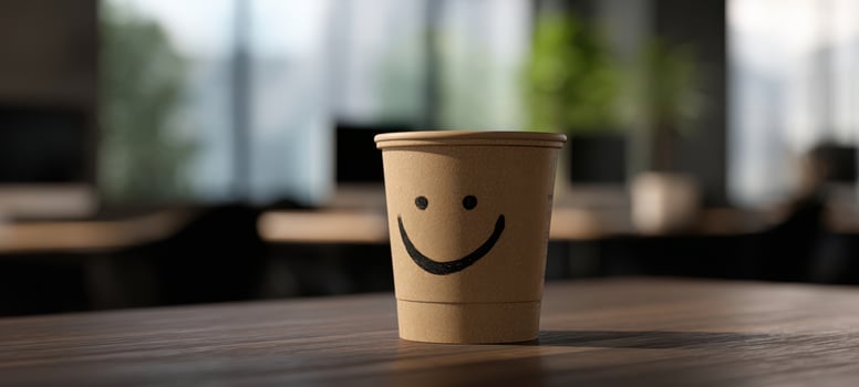 The Paper Cup with Smiley Face on Wooden Desk in Modern Office photo