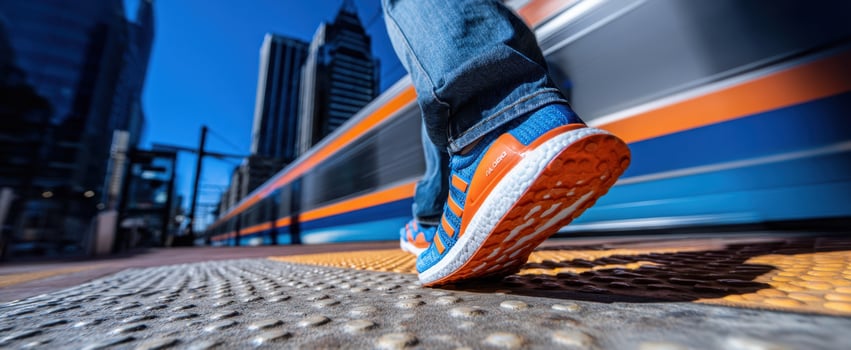 The Sneaker in Motion on Urban Train Platform with Dynamic City Blur photo