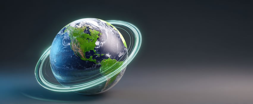 The Earth With Neon Rings Representing Global Connectivity And Digital Communication Networks photo