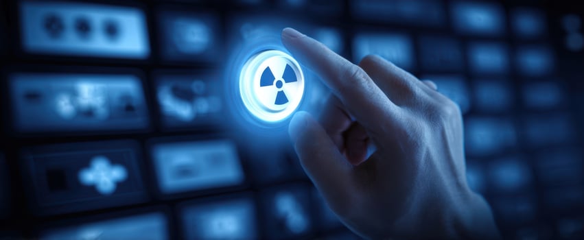 The hand pressing a glowing nuclear hazard button on futuristic touchscreen control panel photo