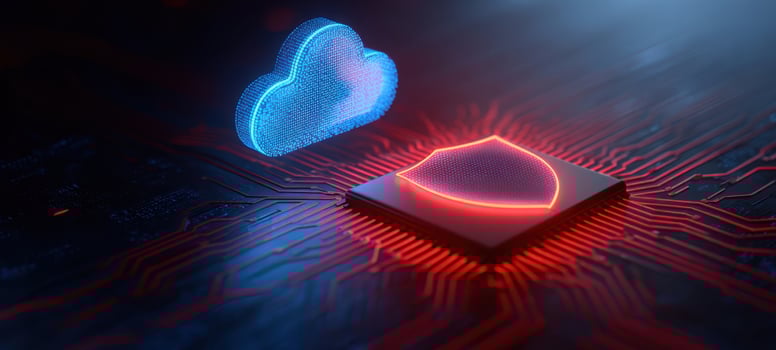 The cloud and microchip representing secure neon data storage on a circuit board photo