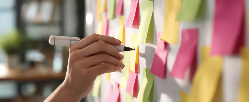 The Whiteboard Covered in Colorful Sticky Notes with Hand Writing Ideas During Team Planning Session photo