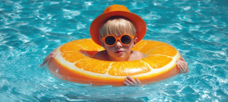 The boy floating in an orange citrus inflatable ring on a sunlit swimming pool photo